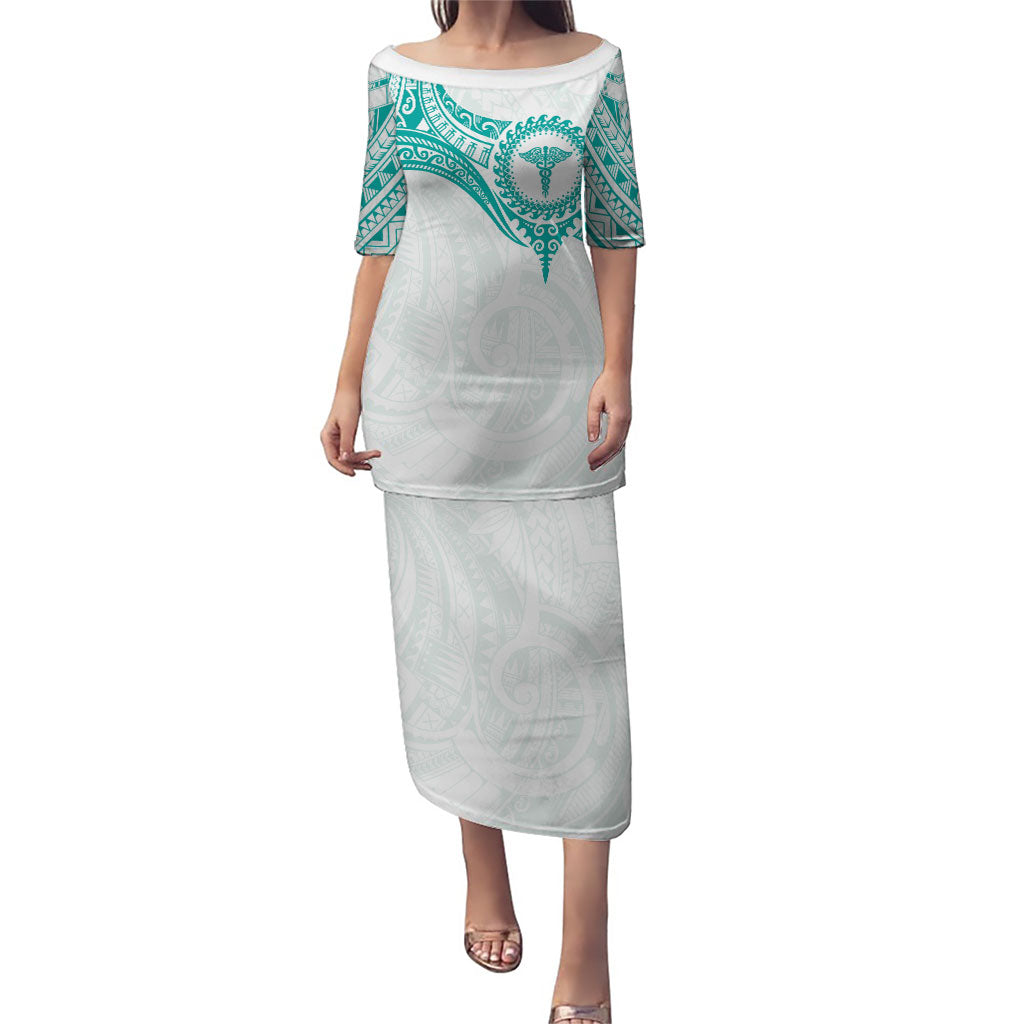 Personalised New Zealand Aotearoa Puletasi Nurse Tribal Teal Version LT05 Long Dress Teal - Polynesian Pride