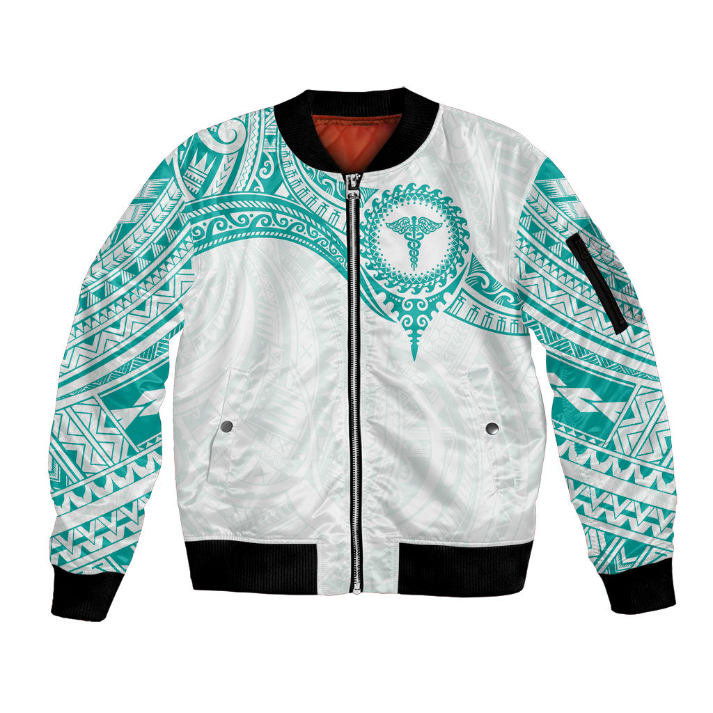 Personalised New Zealand Aotearoa Sleeve Zip Bomber Jacket Nurse Tribal Teal Version