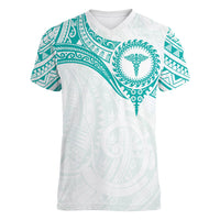 Personalised New Zealand Aotearoa Women V-Neck T-Shirt Nurse Tribal Teal Version