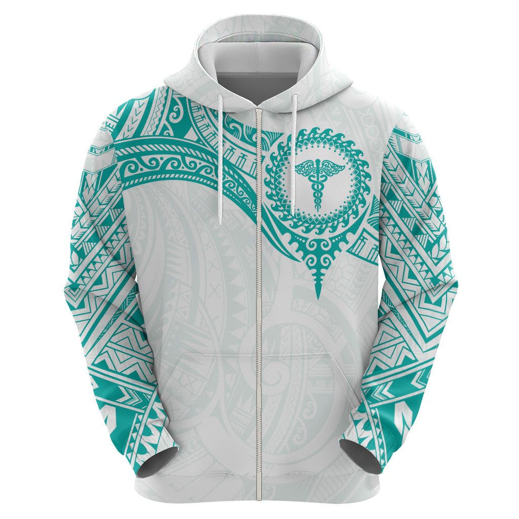 Personalised New Zealand Aotearoa Zip Hoodie Nurse Tribal Teal Version LT05 - Polynesian Pride