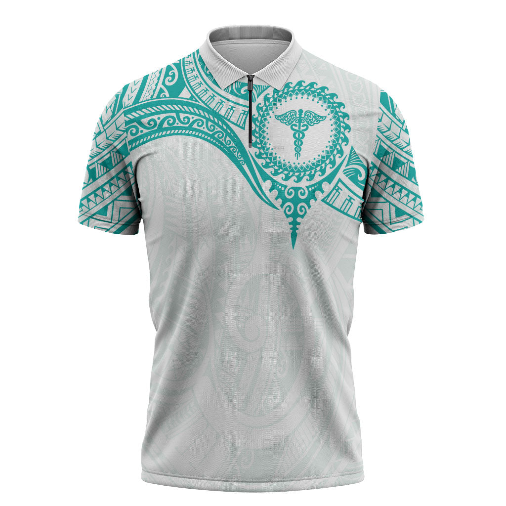 Personalised New Zealand Aotearoa Zipper Polo Shirt Nurse Tribal Teal Version LT05 Teal - Polynesian Pride
