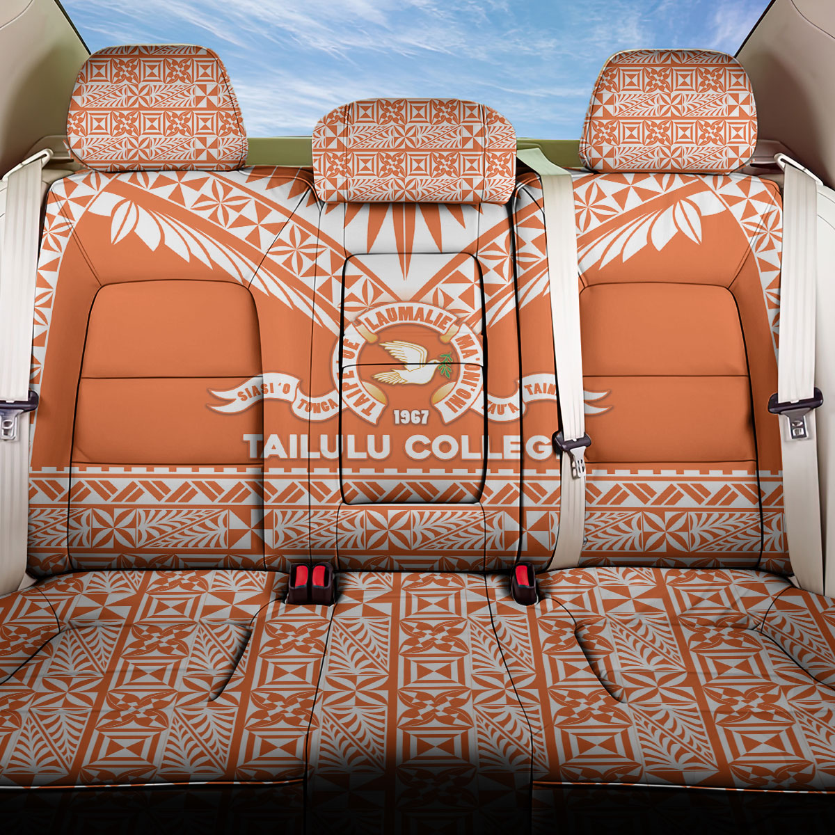 Tonga Tailulu College Back Car Seat Cover Tongan Kupesi Pattern LT05 One Size Orange - Polynesian Pride