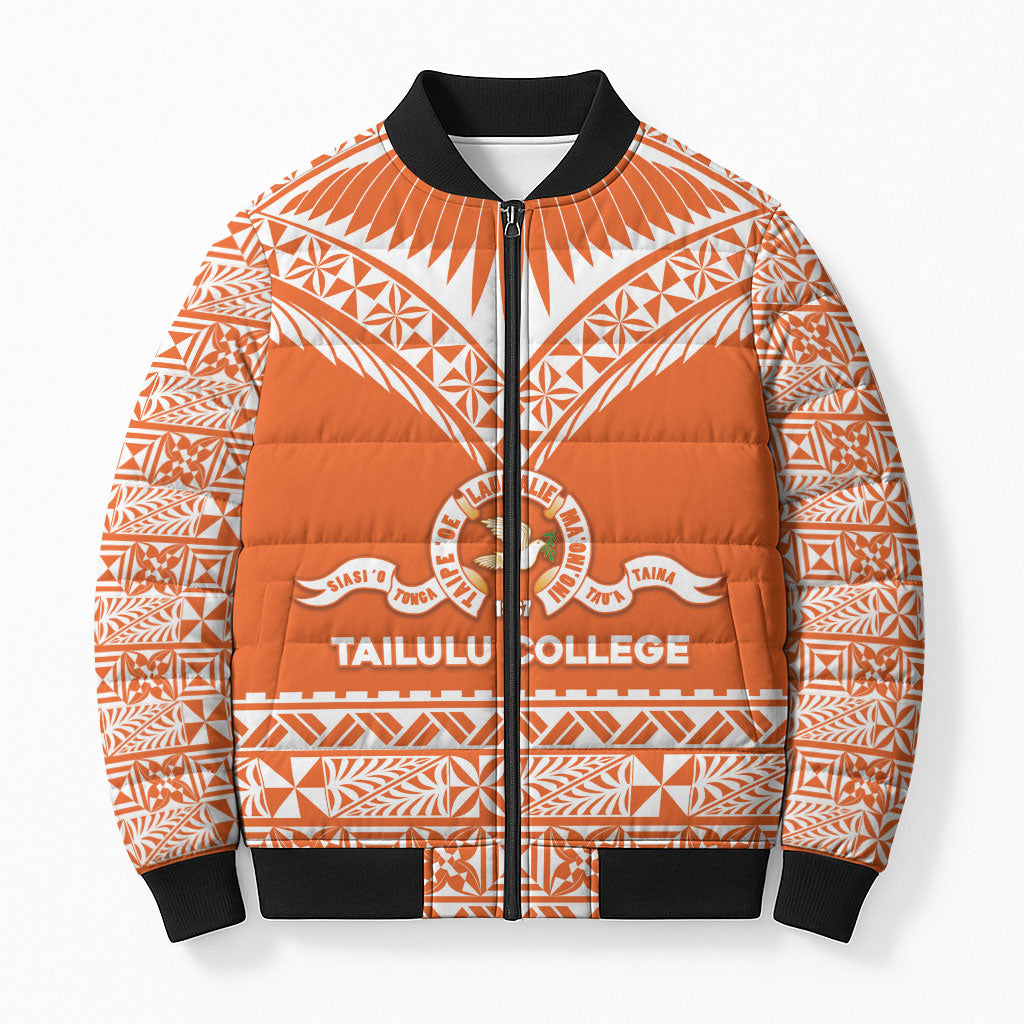 Personalised Tonga Tailulu College Bomber Puffer Jacket Tongan Kupesi Pattern LT05 Unisex Orange - Polynesian Pride