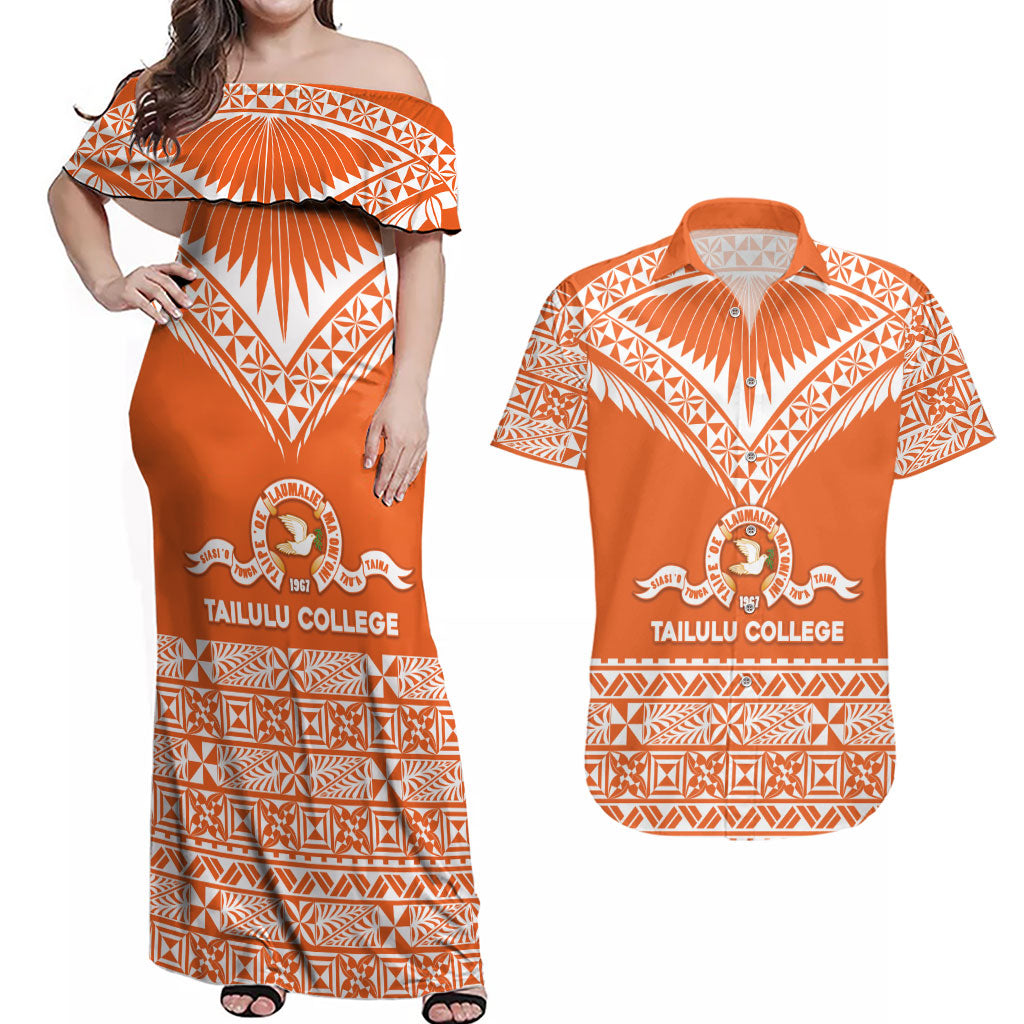 Personalised Tonga Tailulu College Couples Matching Off Shoulder Maxi Dress and Hawaiian Shirt Tongan Kupesi Pattern LT05 Orange - Polynesian Pride