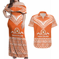 Personalised Tonga Tailulu College Couples Matching Off Shoulder Maxi Dress and Hawaiian Shirt Tongan Kupesi Pattern LT05 Orange - Polynesian Pride
