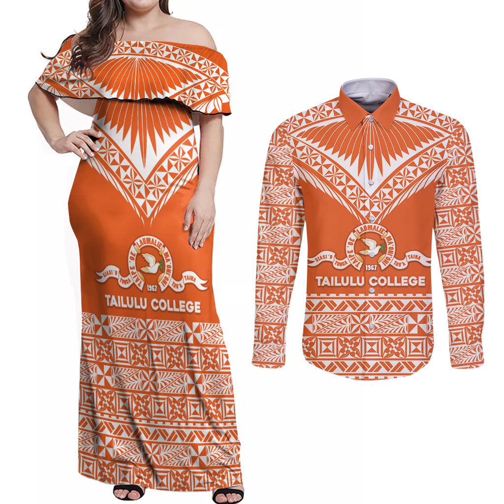 Personalised Tonga Tailulu College Couples Matching Off Shoulder Maxi Dress and Long Sleeve Button Shirt Tongan Kupesi Pattern LT05 Orange - Polynesian Pride