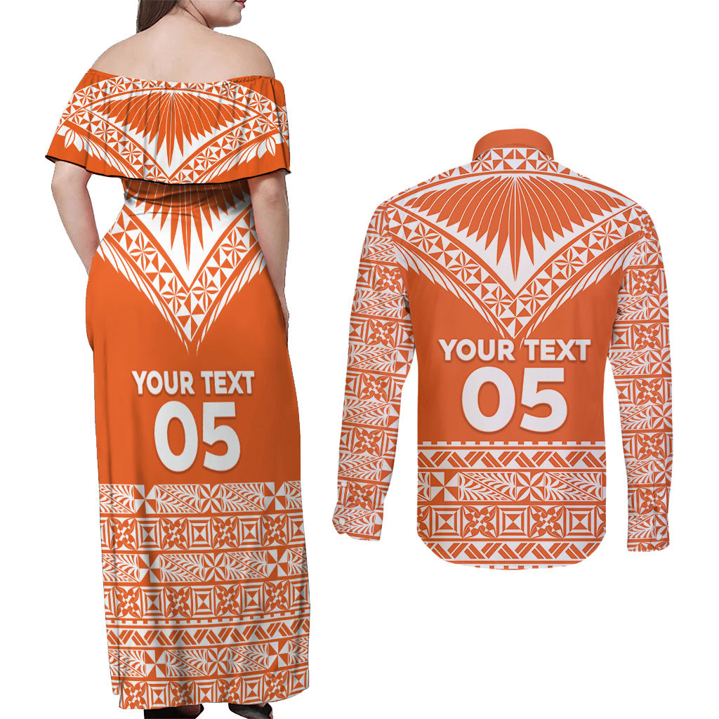 Personalised Tonga Tailulu College Couples Matching Off Shoulder Maxi Dress and Long Sleeve Button Shirt Tongan Kupesi Pattern LT05 - Polynesian Pride