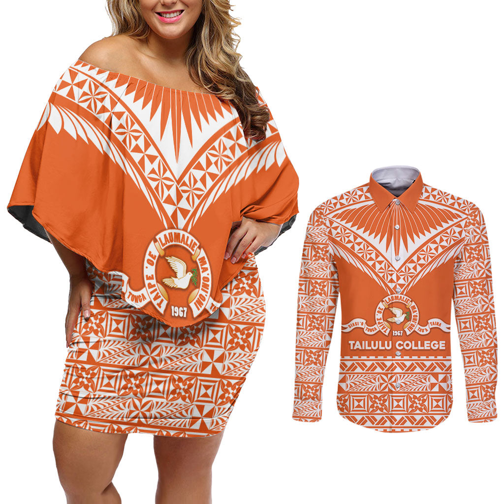 Personalised Tonga Tailulu College Couples Matching Off Shoulder Short Dress and Long Sleeve Button Shirt Tongan Kupesi Pattern LT05 Orange - Polynesian Pride