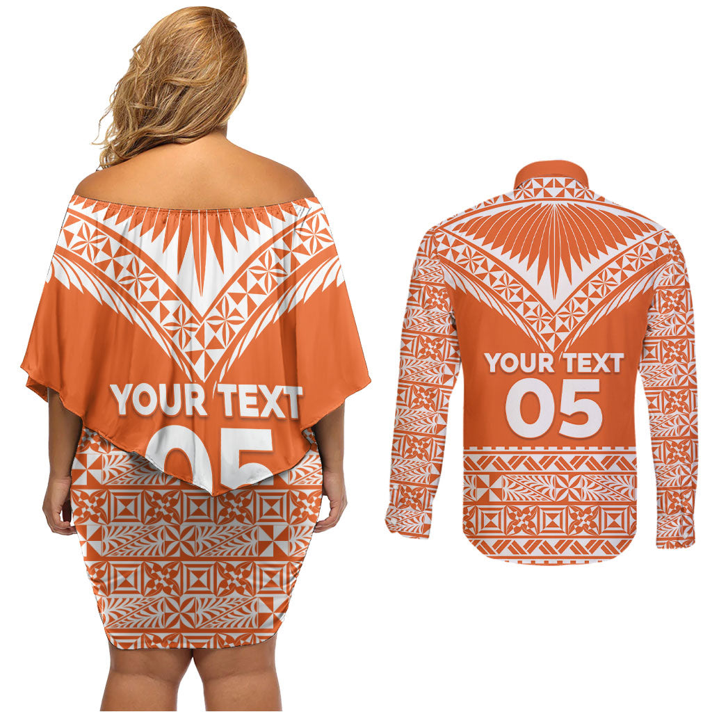 Personalised Tonga Tailulu College Couples Matching Off Shoulder Short Dress and Long Sleeve Button Shirt Tongan Kupesi Pattern LT05 - Polynesian Pride