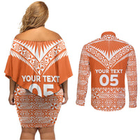 Personalised Tonga Tailulu College Couples Matching Off Shoulder Short Dress and Long Sleeve Button Shirt Tongan Kupesi Pattern LT05 - Polynesian Pride