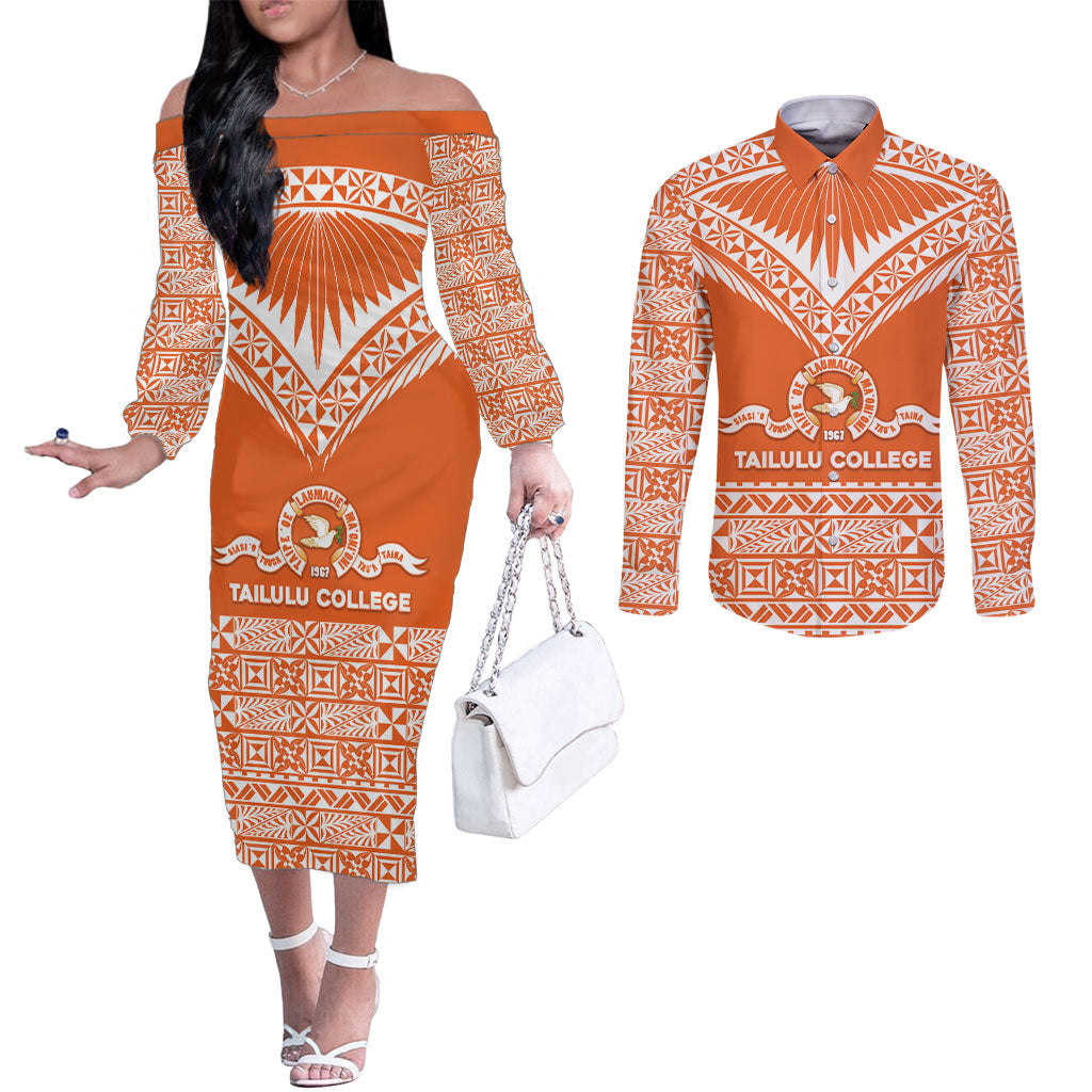 Personalised Tonga Tailulu College Couples Matching Off The Shoulder Long Sleeve Dress and Long Sleeve Button Shirt Tongan Kupesi Pattern LT05 Orange - Polynesian Pride