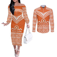 Personalised Tonga Tailulu College Couples Matching Off The Shoulder Long Sleeve Dress and Long Sleeve Button Shirt Tongan Kupesi Pattern LT05 Orange - Polynesian Pride