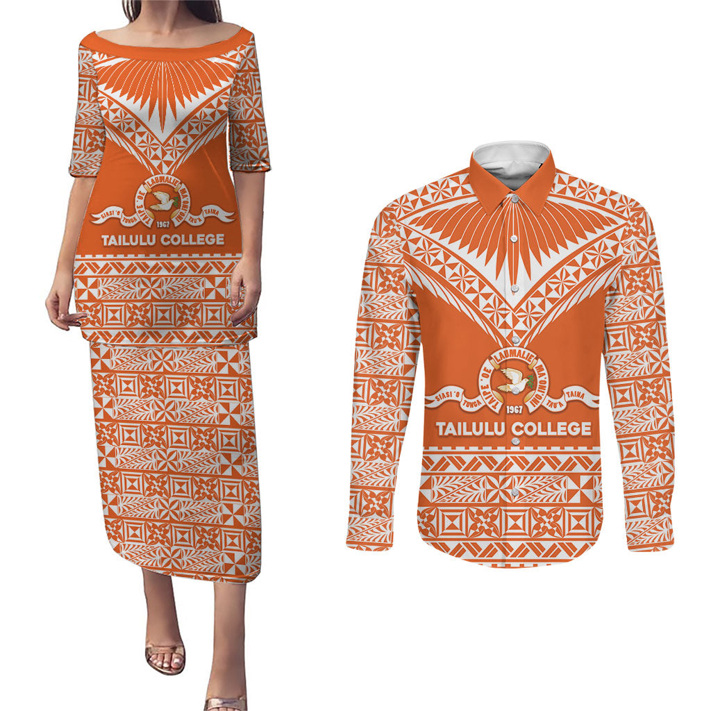 Personalised Tonga Tailulu College Couples Matching Puletasi and Long Sleeve Button Shirt Tongan Kupesi Pattern LT05 Orange - Polynesian Pride