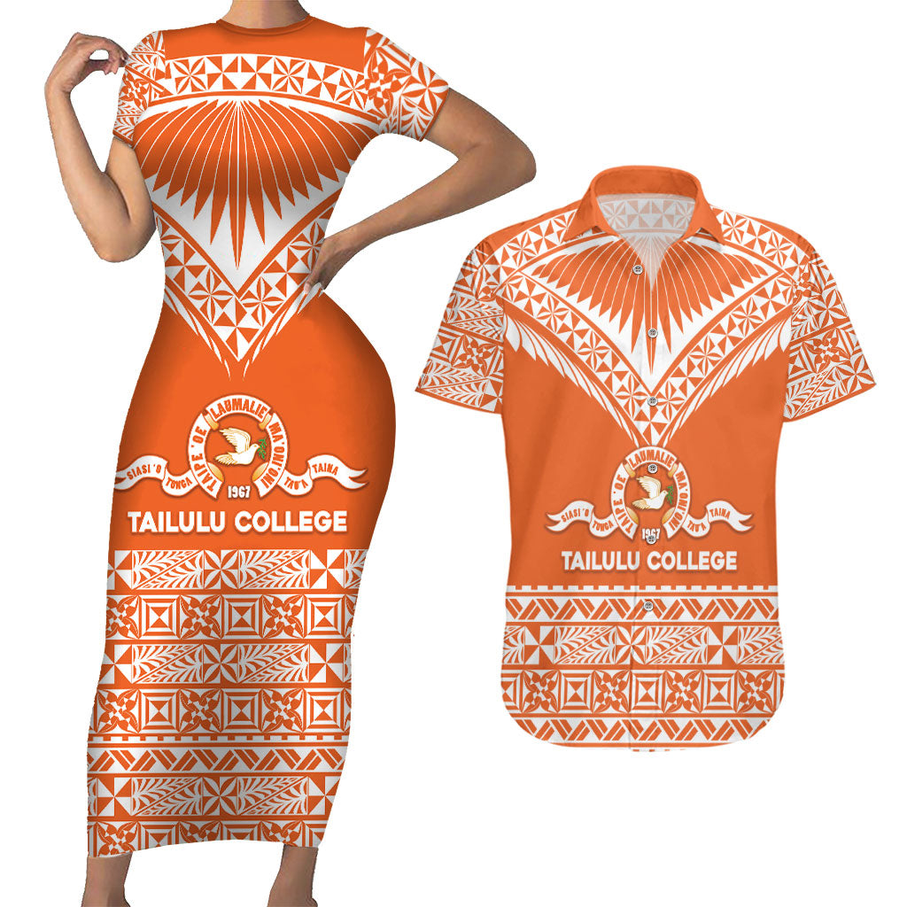 Personalised Tonga Tailulu College Couples Matching Short Sleeve Bodycon Dress and Hawaiian Shirt Tongan Kupesi Pattern LT05 Orange - Polynesian Pride