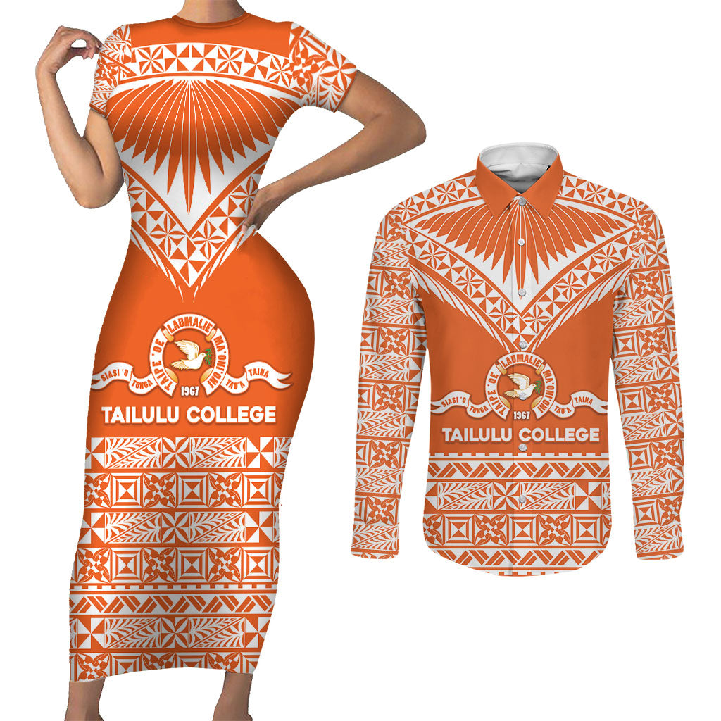 Personalised Tonga Tailulu College Couples Matching Short Sleeve Bodycon Dress and Long Sleeve Button Shirt Tongan Kupesi Pattern