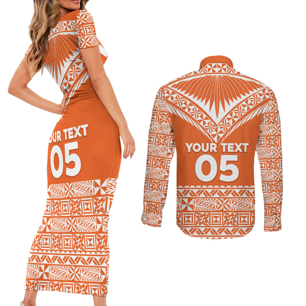 Personalised Tonga Tailulu College Couples Matching Short Sleeve Bodycon Dress and Long Sleeve Button Shirt Tongan Kupesi Pattern