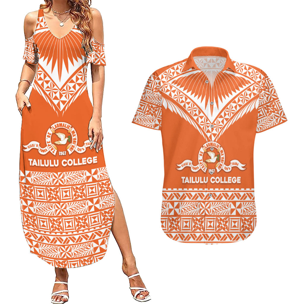 Personalised Tonga Tailulu College Couples Matching Summer Maxi Dress and Hawaiian Shirt Tongan Kupesi Pattern LT05 Orange - Polynesian Pride