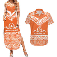 Personalised Tonga Tailulu College Couples Matching Summer Maxi Dress and Hawaiian Shirt Tongan Kupesi Pattern LT05 Orange - Polynesian Pride