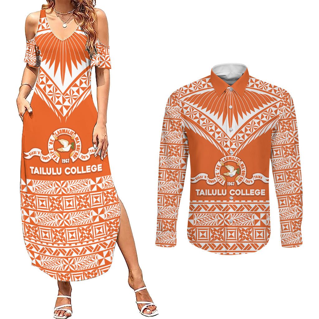 Personalised Tonga Tailulu College Couples Matching Summer Maxi Dress and Long Sleeve Button Shirt Tongan Kupesi Pattern LT05 Orange - Polynesian Pride