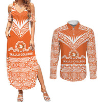 Personalised Tonga Tailulu College Couples Matching Summer Maxi Dress and Long Sleeve Button Shirt Tongan Kupesi Pattern LT05 Orange - Polynesian Pride