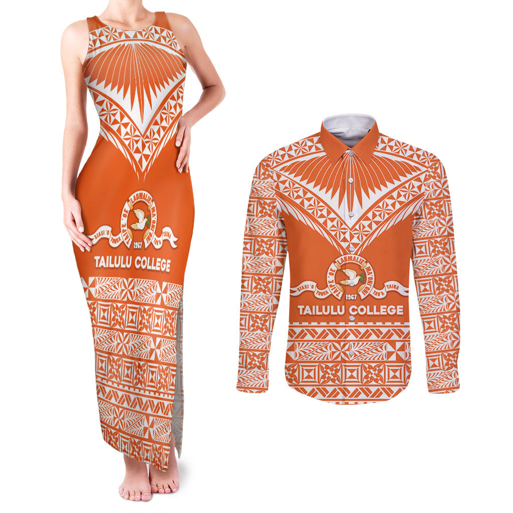 Personalised Tonga Tailulu College Couples Matching Tank Maxi Dress and Long Sleeve Button Shirt Tongan Kupesi Pattern LT05 Orange - Polynesian Pride