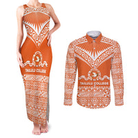 Personalised Tonga Tailulu College Couples Matching Tank Maxi Dress and Long Sleeve Button Shirt Tongan Kupesi Pattern LT05 Orange - Polynesian Pride