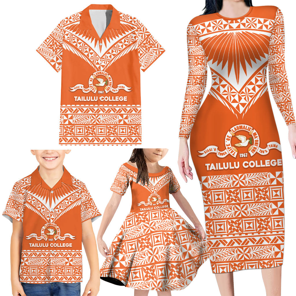 Personalised Tonga Tailulu College Family Matching Long Sleeve Bodycon Dress and Hawaiian Shirt Tongan Kupesi Pattern