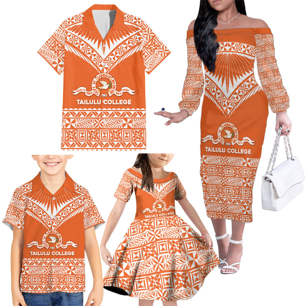 Personalised Tonga Tailulu College Family Matching Off The Shoulder Long Sleeve Dress and Hawaiian Shirt Tongan Kupesi Pattern