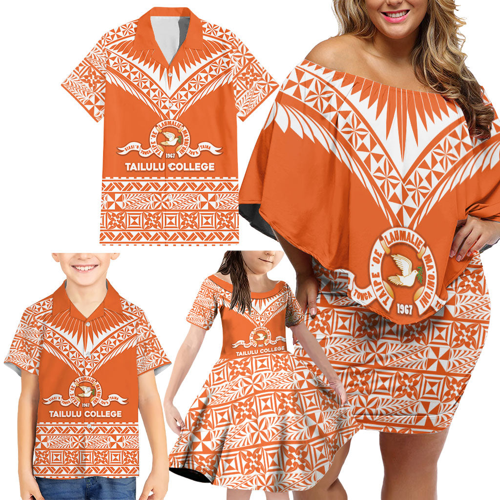 Personalised Tonga Tailulu College Family Matching Off Shoulder Short Dress and Hawaiian Shirt Tongan Kupesi Pattern LT05 - Polynesian Pride
