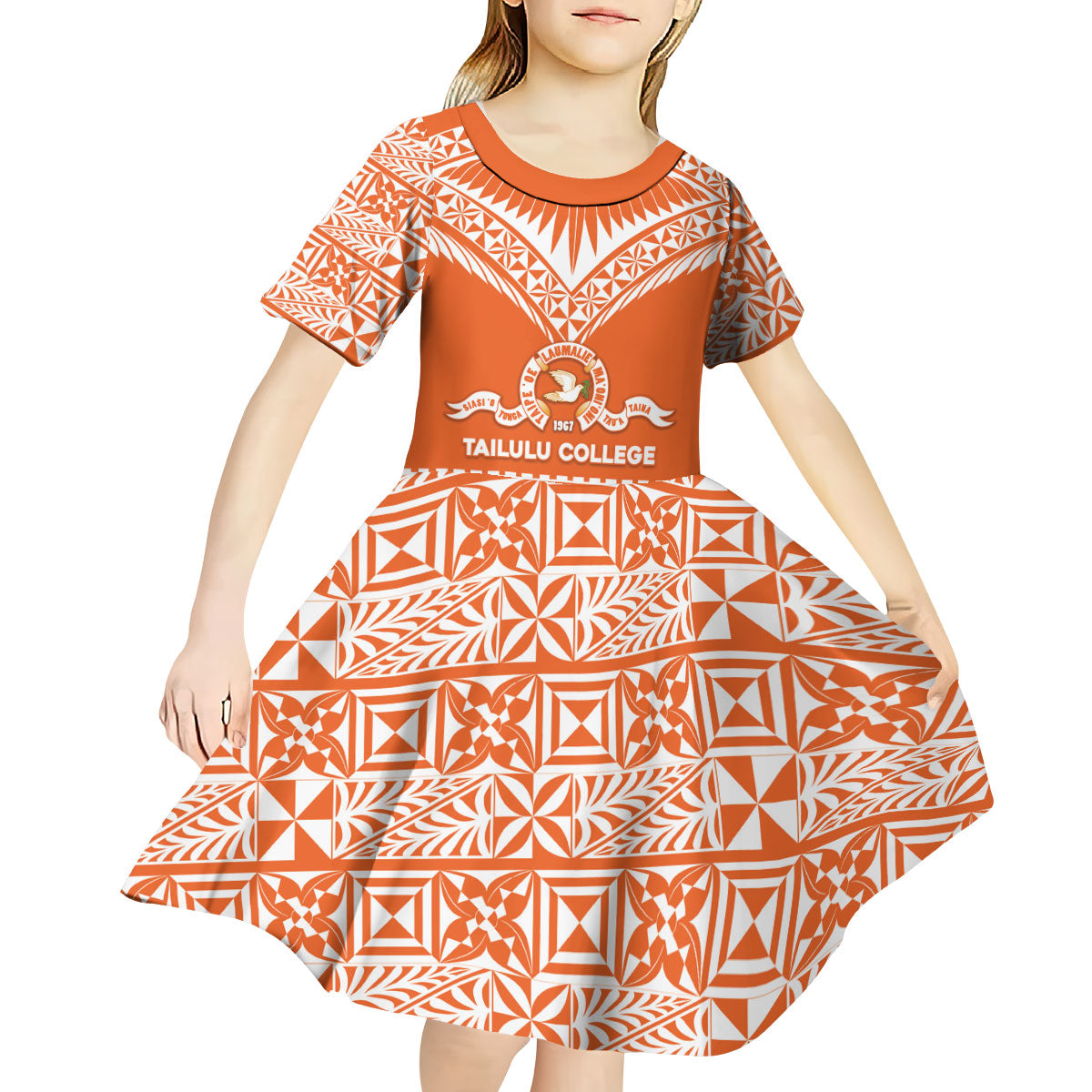 Personalised Tonga Tailulu College Kid Short Sleeve Dress Tongan Kupesi Pattern LT05 - Polynesian Pride