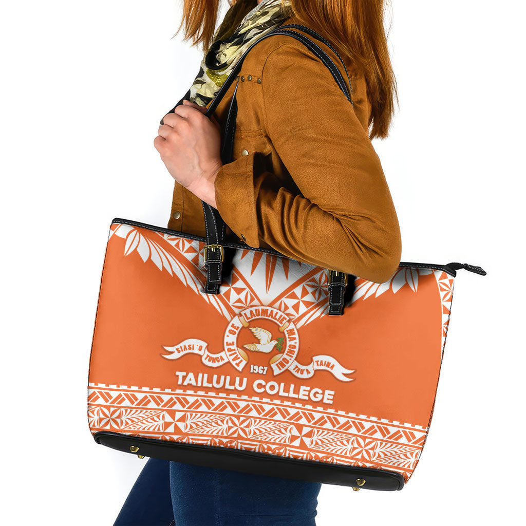 Tonga Tailulu College Leather Tote Bag Tongan Kupesi Pattern LT05 Orange - Polynesian Pride