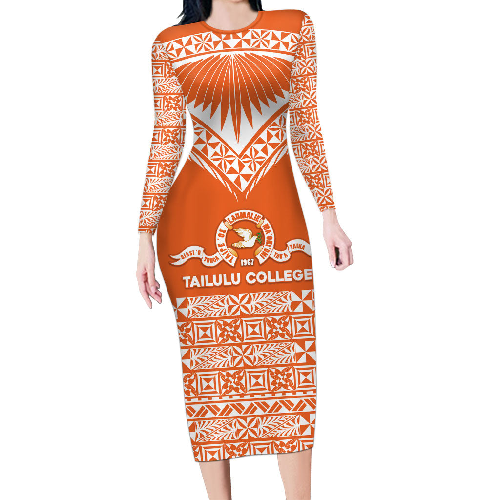Personalised Tonga Tailulu College Long Sleeve Bodycon Dress Tongan Kupesi Pattern LT05 Long Dress Orange - Polynesian Pride