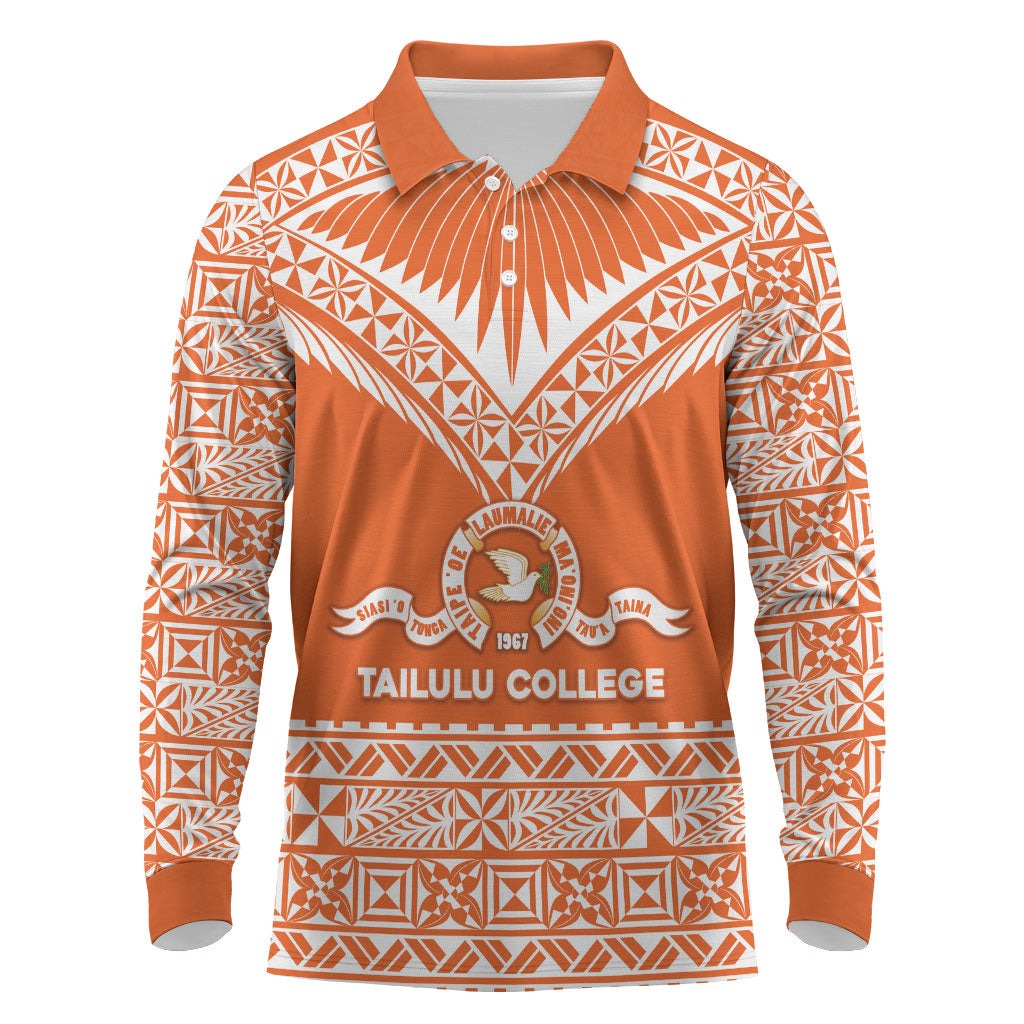 Personalised Tonga Tailulu College Long Sleeve Polo Shirt Tongan Kupesi Pattern LT05 Orange - Polynesian Pride