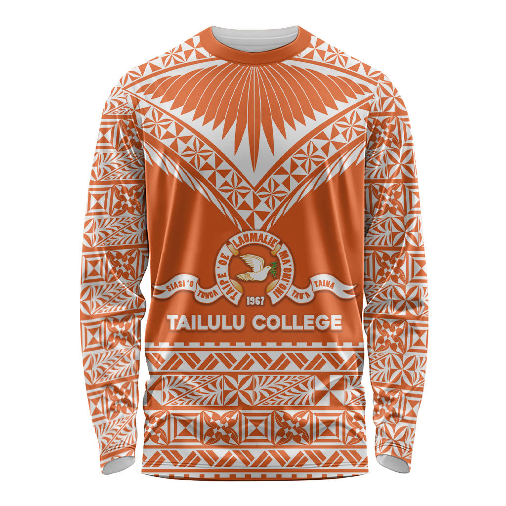 Personalised Tonga Tailulu College Long Sleeve Shirt Tongan Kupesi Pattern LT05 Unisex Orange - Polynesian Pride