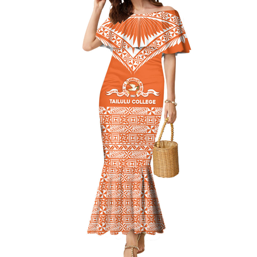 Personalised Tonga Tailulu College Mermaid Dress Tongan Kupesi Pattern LT05 Women Orange - Polynesian Pride
