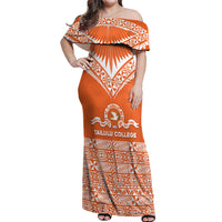 Personalised Tonga Tailulu College Off Shoulder Maxi Dress Tongan Kupesi Pattern LT05 Women Orange - Polynesian Pride