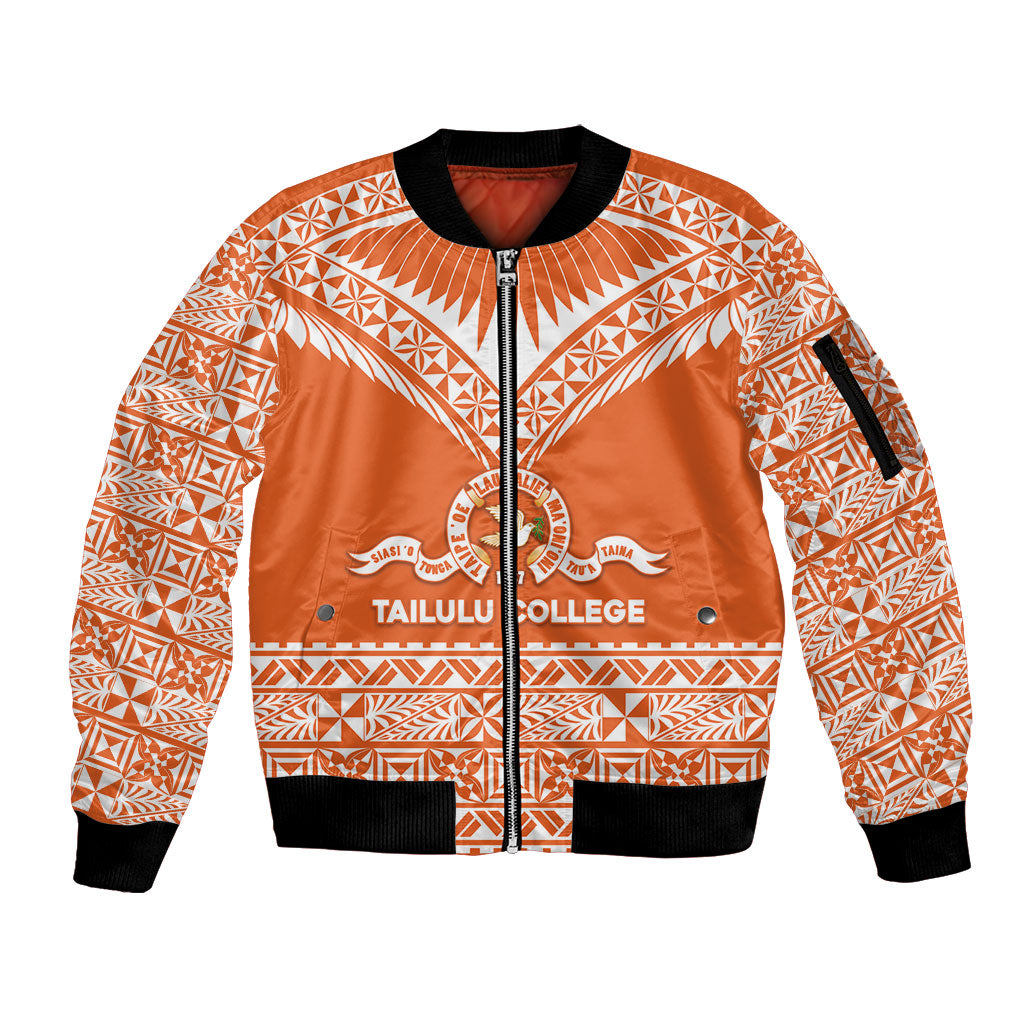 Personalised Tonga Tailulu College Sleeve Zip Bomber Jacket Tongan Kupesi Pattern LT05 Unisex Orange - Polynesian Pride