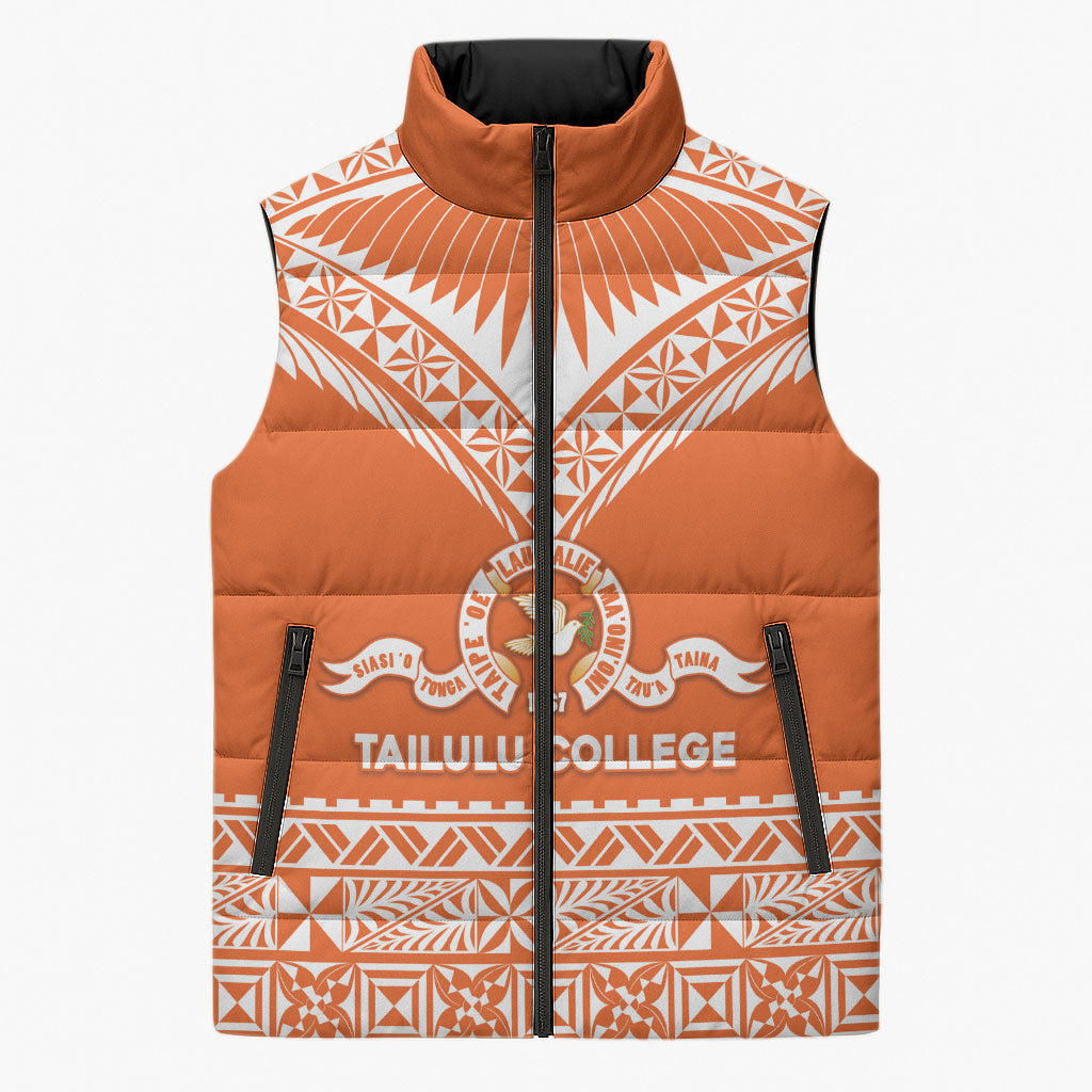 Personalised Tonga Tailulu College Sleeveless Puffer Jacket Tongan Kupesi Pattern LT05 Unisex Orange - Polynesian Pride