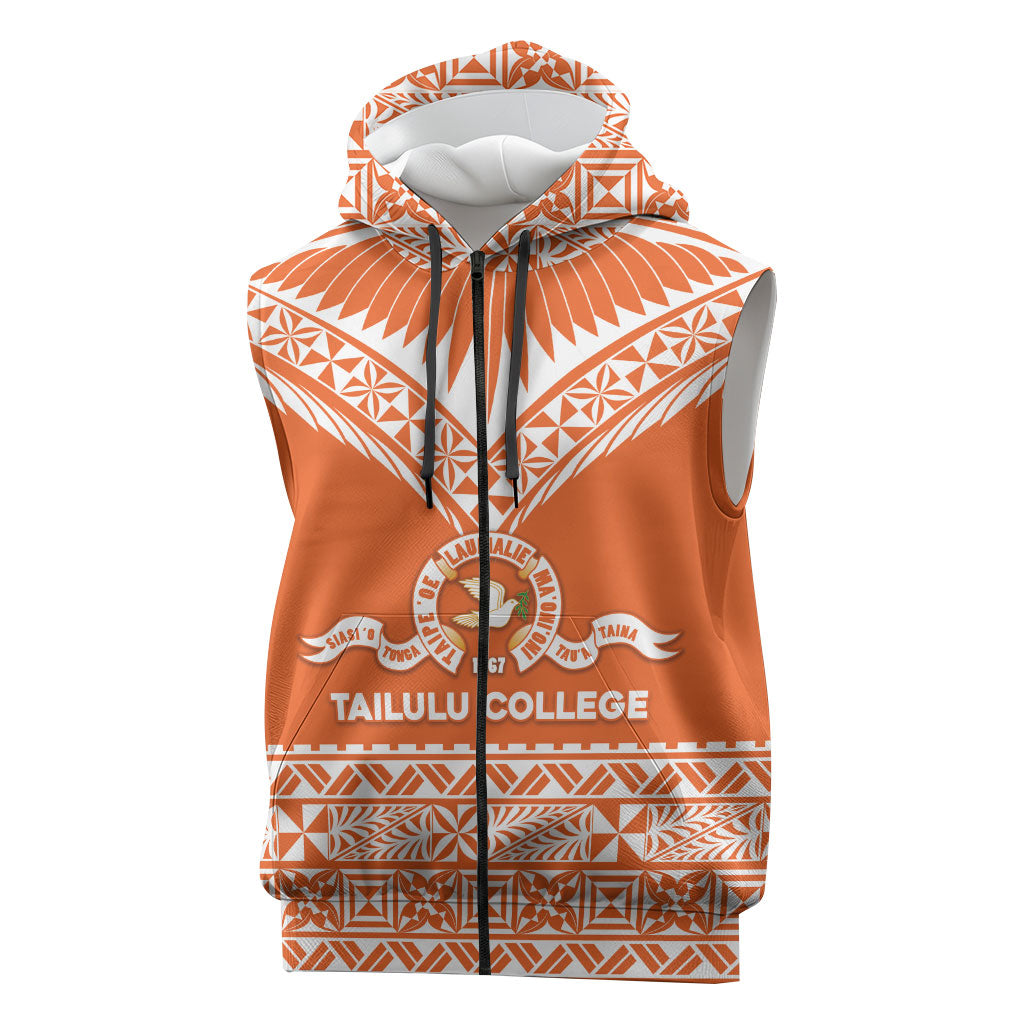 Personalised Tonga Tailulu College Sleeveless Zip Hoodie Tongan Kupesi Pattern LT05 Orange - Polynesian Pride