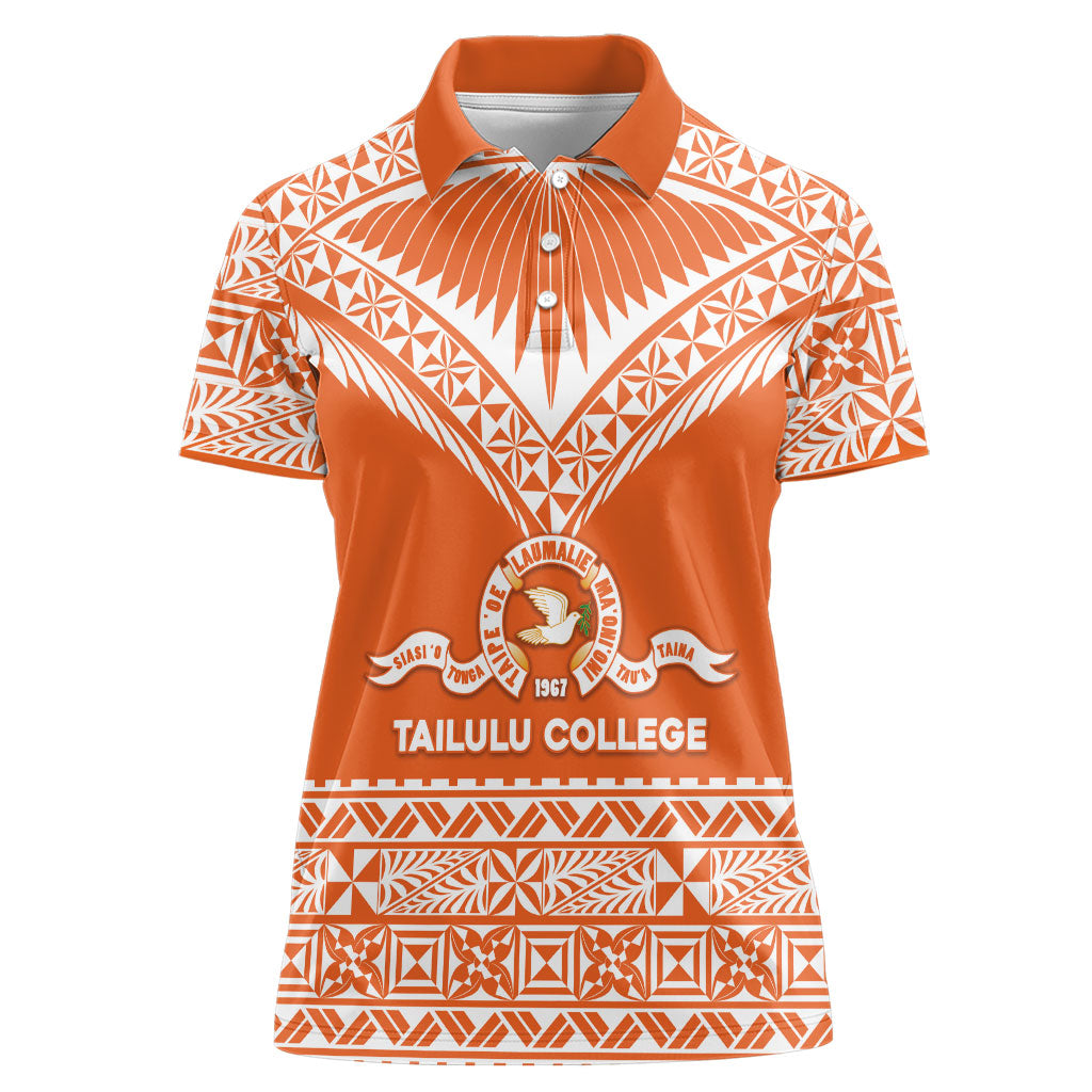 Personalised Tonga Tailulu College Women Polo Shirt Tongan Kupesi Pattern LT05 Female Orange - Polynesian Pride
