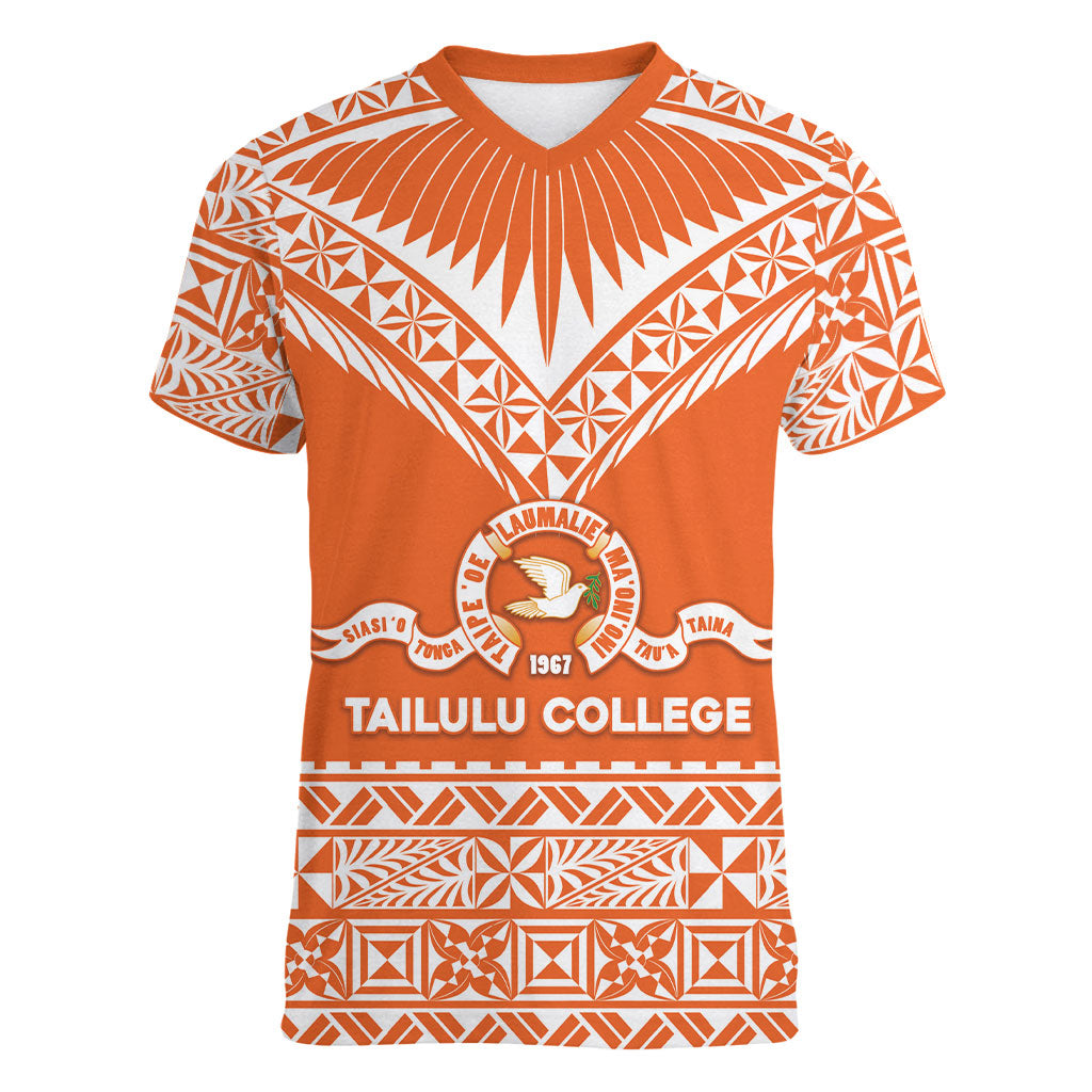 Personalised Tonga Tailulu College Women V-Neck T-Shirt Tongan Kupesi Pattern LT05 Female Orange - Polynesian Pride