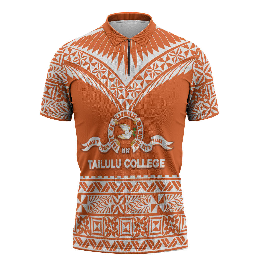 Personalised Tonga Tailulu College Zipper Polo Shirt Tongan Kupesi Pattern LT05 Orange - Polynesian Pride
