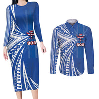 Personalised Hawaii 808 Couples Matching Long Sleeve Bodycon Dress and Long Sleeve Button Shirt Unique Style LT05 Blue - Polynesian Pride