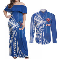 Personalised Hawaii 808 Couples Matching Off Shoulder Maxi Dress and Long Sleeve Button Shirt Unique Style LT05 Blue - Polynesian Pride