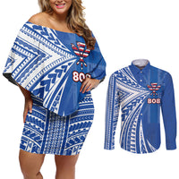 Personalised Hawaii 808 Couples Matching Off Shoulder Short Dress and Long Sleeve Button Shirt Unique Style LT05 Blue - Polynesian Pride