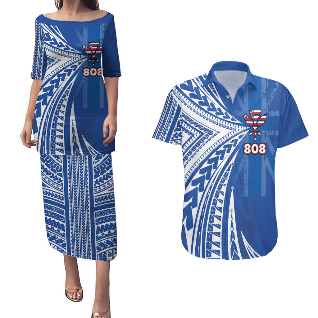 Personalised Hawaii 808 Couples Matching Puletasi and Hawaiian Shirt Unique Style LT05 Blue - Polynesian Pride