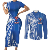 Personalised Hawaii 808 Couples Matching Short Sleeve Bodycon Dress and Long Sleeve Button Shirt Unique Style LT05 Blue - Polynesian Pride