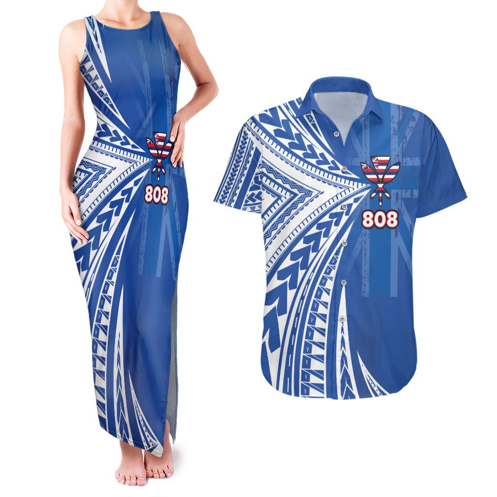 Personalised Hawaii 808 Couples Matching Tank Maxi Dress and Hawaiian Shirt Unique Style LT05 Blue - Polynesian Pride
