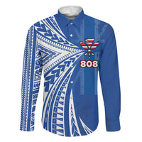 Personalised Hawaii 808 Family Matching Off Shoulder Maxi Dress and Hawaiian Shirt Unique Style LT05 Dad's Shirt - Long Sleeve Blue - Polynesian Pride