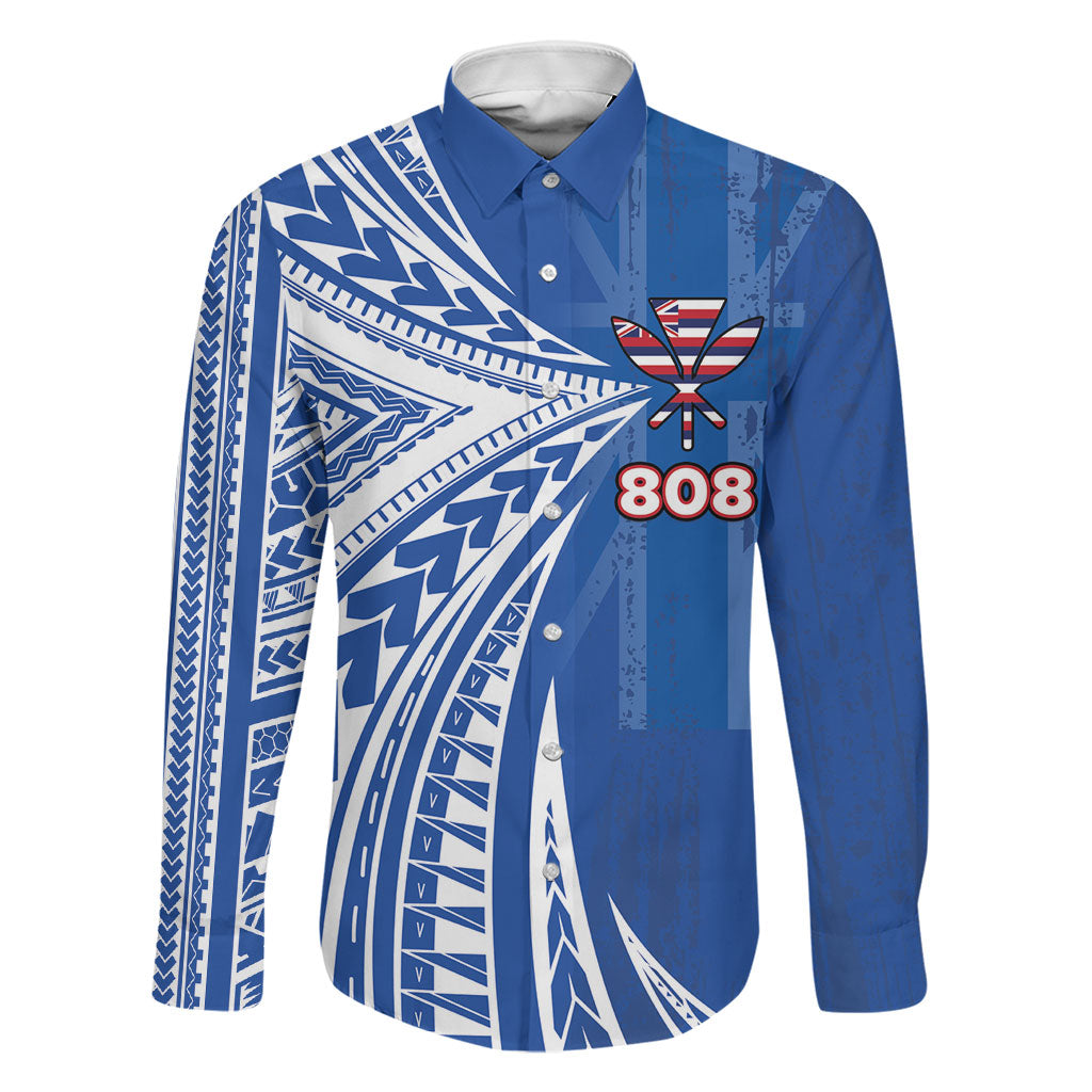 Personalised Hawaii 808 Family Matching Off Shoulder Short Dress and Hawaiian Shirt Unique Style LT05 Dad's Shirt - Long Sleeve Blue - Polynesian Pride